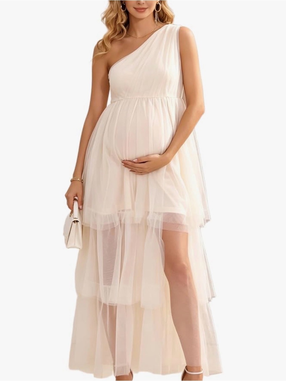 One Shoulder Tiered Tulle Maternity Dress | Beige | Size M